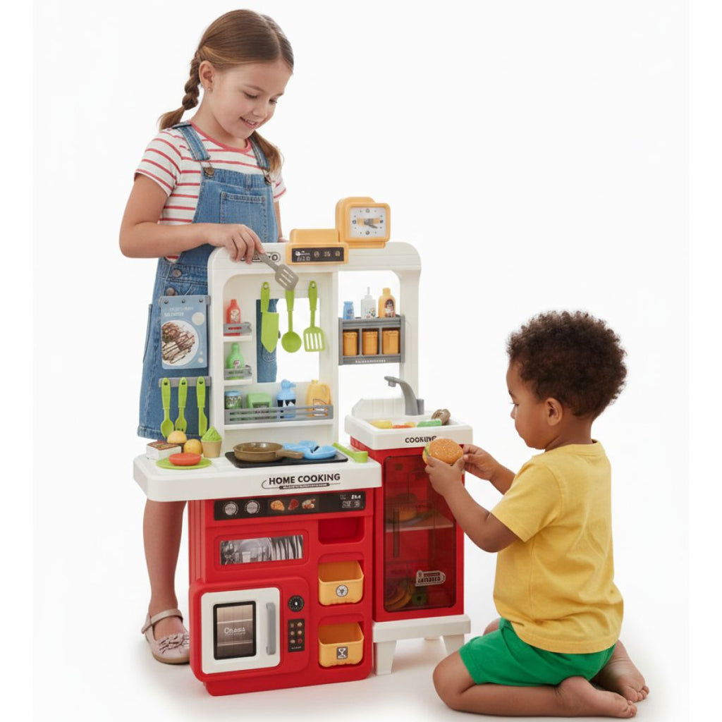 Kids Kitchen Playset 68 pcs – interactive pretend play kitchen with realistic cooking sounds, cookware, utensils, and safe non-toxic materials. Encourages creativity, independence, organization, and hours of screen-free fun for kids