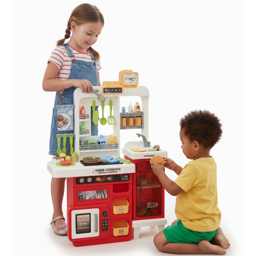 Kids Kitchen Playset 68 pcs – interactive pretend play kitchen with realistic cooking sounds, cookware, utensils, and safe non-toxic materials. Encourages creativity, independence, organization, and hours of screen-free fun for kids