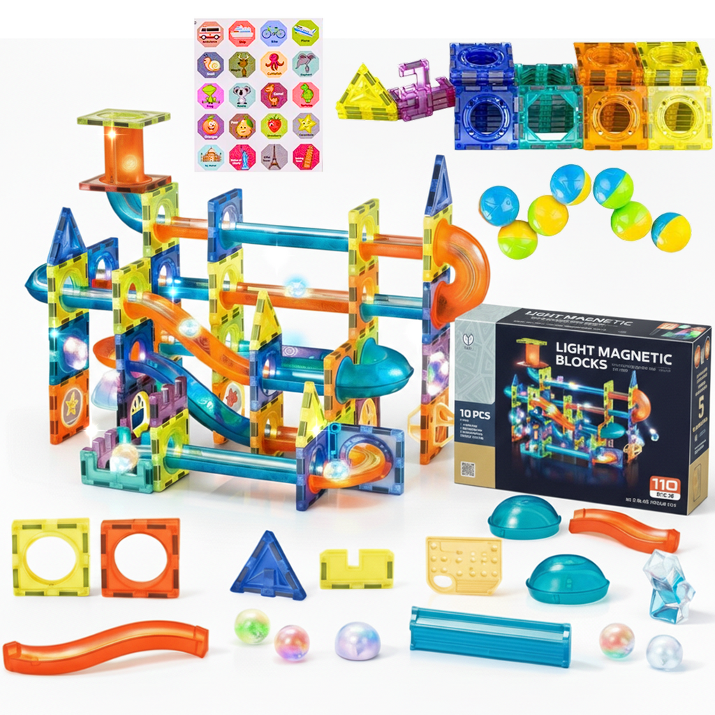 Glow STEM Magnetic Tiles 110 pcs for kids ages 3–10 – glowing magnetic marble run set with backlit tracks and transparent pieces for building dynamic structures. Encourages STEM learning, physics understanding, spatial thinking, and screen-free focused play with safe non-toxic materials.