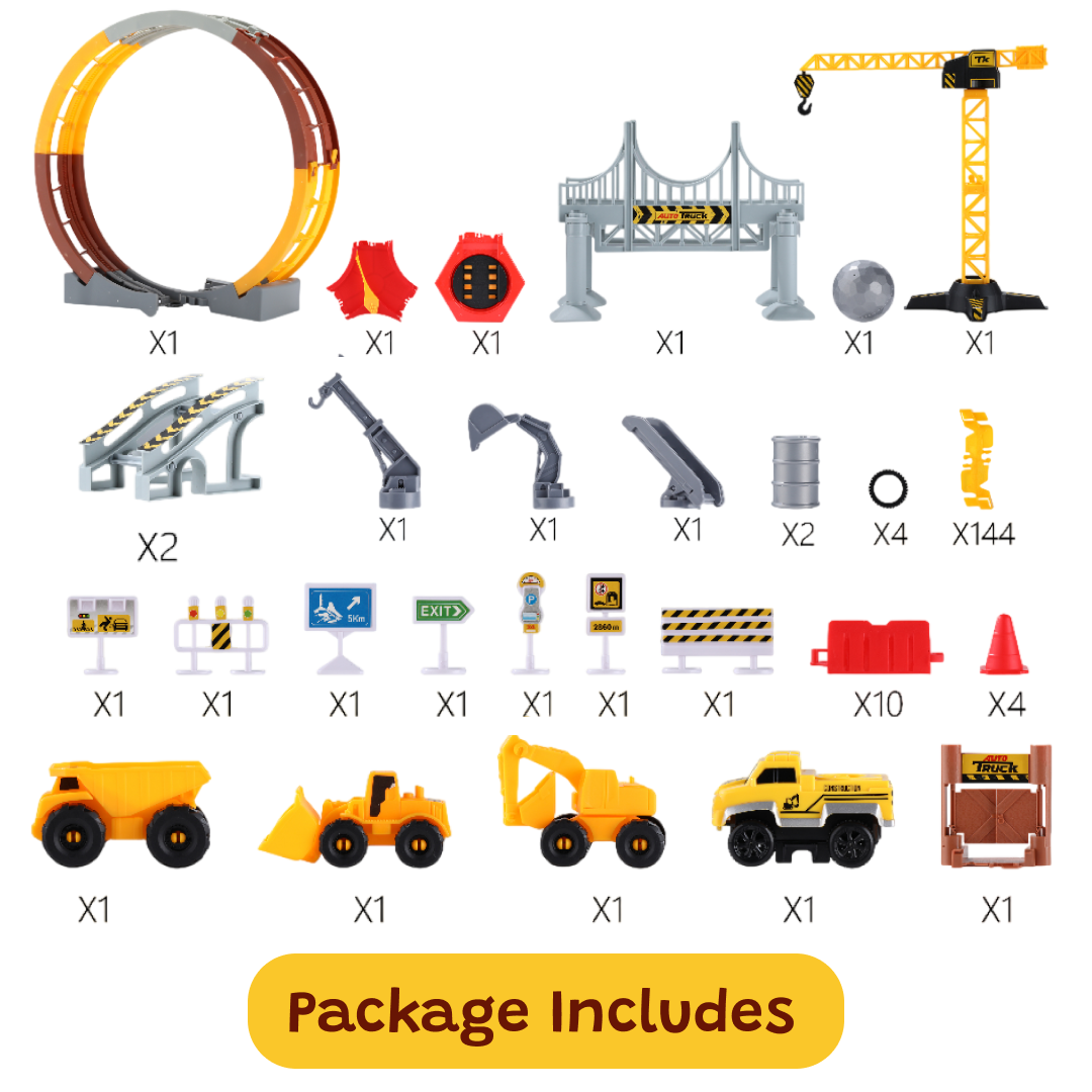 Race Track Set 144 pcs for kids ages 3–10 – large engineering playset with flexible track pieces, bridge, lift, motorized racing car, and construction vehicles for immersive role-play. Encourages STEM learning, spatial thinking, problem-solving, and screen-free independent play with safe non-toxic materials.