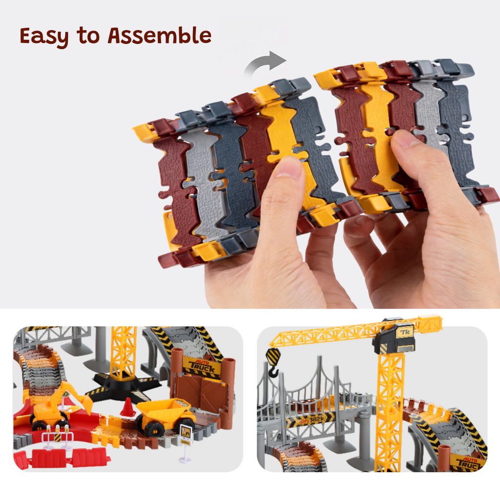 Race Track Set 144 pcs for kids ages 3–10 – large engineering playset with flexible track pieces, bridge, lift, motorized racing car, and construction vehicles for immersive role-play. Encourages STEM learning, spatial thinking, problem-solving, and screen-free independent play with safe non-toxic materials.