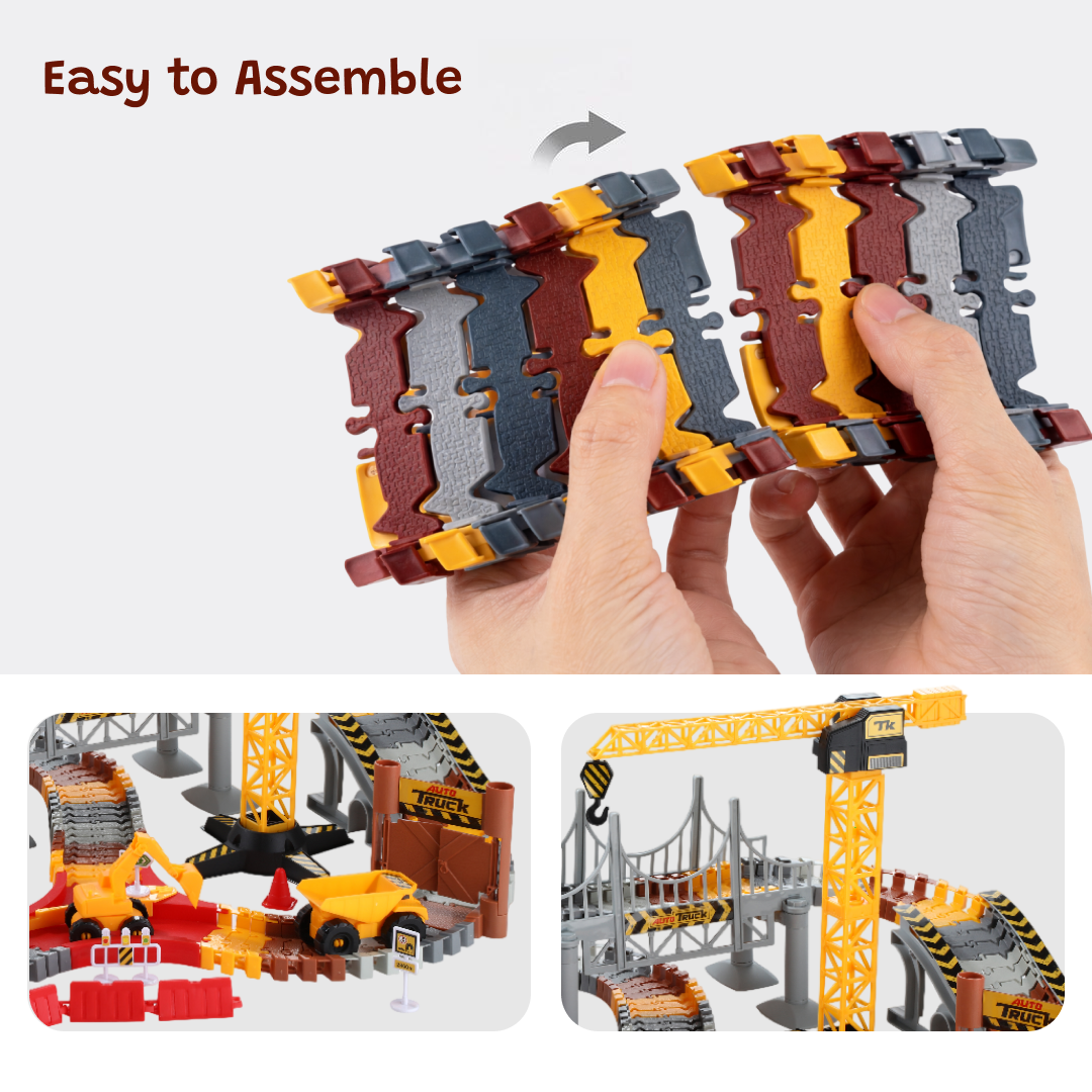 Race Track Set 144 pcs for kids ages 3–10 – large engineering playset with flexible track pieces, bridge, lift, motorized racing car, and construction vehicles for immersive role-play. Encourages STEM learning, spatial thinking, problem-solving, and screen-free independent play with safe non-toxic materials.