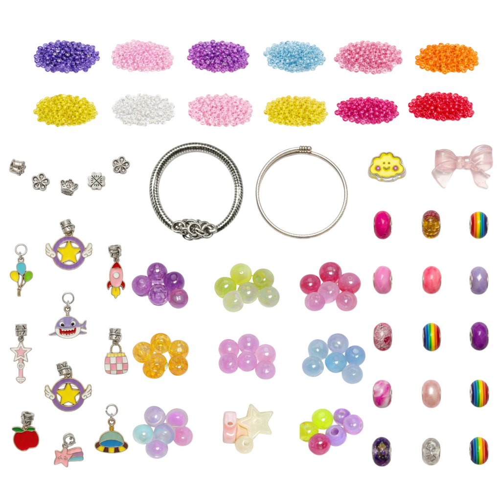 DIY Jewelry Kit 104 pcs for kids ages 6–10 – creative jewelry making set with beads, charms, and a heart mirror for designing unique wearable accessories. Encourages creativity, focus, fine motor skills, and screen-free independent play with safe non-toxic materials.