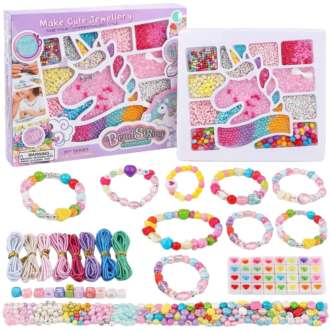 Unicorn Bracelet Kit 1410 pcs for kids ages 6–10 – massive DIY jewelry making set with beads, charms, and strings for creating personalized bracelets and accessories. Encourages creativity, patience, fine motor skills, and screen-free artistic expression with safe non-toxic materials and unicorn storage organizer.
