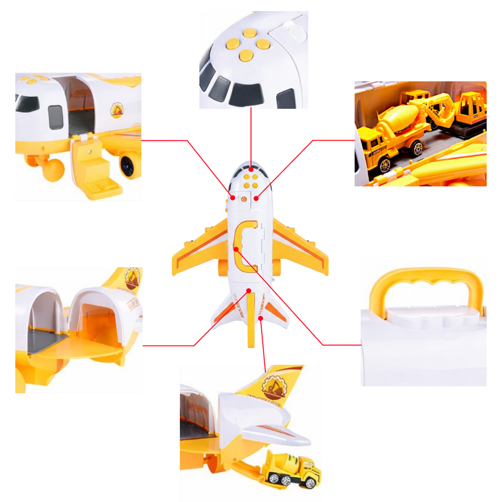 Airplane Playset with 3 Cars for kids ages 3–10 – interactive aviation playset with transport airplane, metal vehicles, road signs, LED lights, and sound effects for immersive role-play. Encourages STEM learning, spatial thinking, creativity, and screen-free independent play with safe non-toxic materials.
