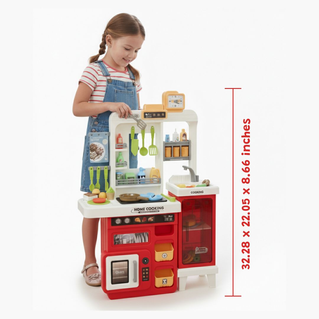 Kids Kitchen Playset 68 pcs – interactive pretend play kitchen with realistic cooking sounds, cookware, utensils, and safe non-toxic materials. Encourages creativity, independence, organization, and hours of screen-free fun for kids.