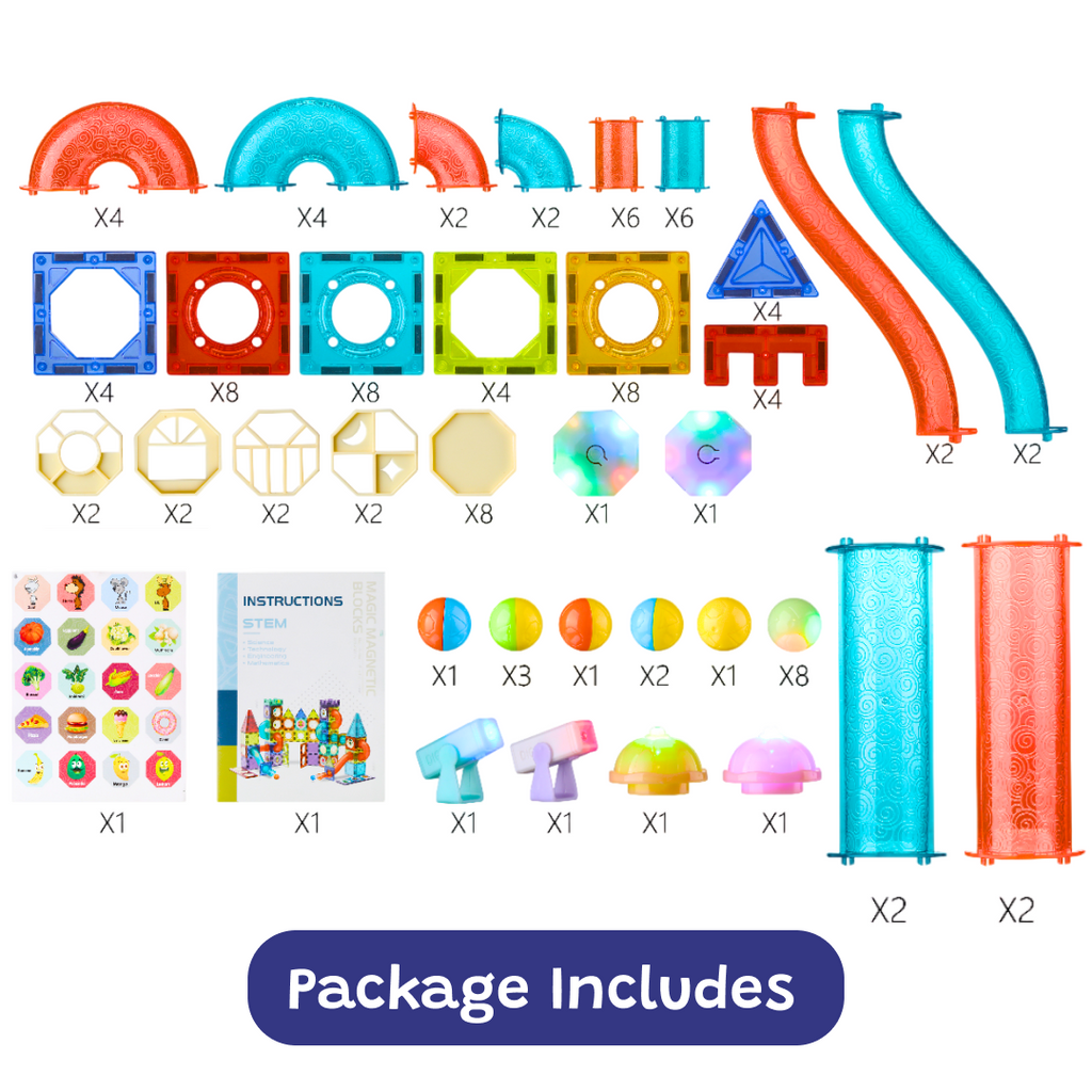 Glow STEM Magnetic Tiles 110 pcs for kids ages 3–10 – glowing magnetic marble run set with backlit tracks and transparent pieces for building dynamic structures. Encourages STEM learning, physics understanding, spatial thinking, and screen-free focused play with safe non-toxic materials.