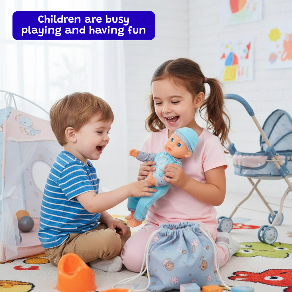 Doll Nursery Playset Blue for kids ages 3–10 – complete doll care set with crib, stroller, high chair, and accessories for realistic nurturing and role-play. Encourages empathy, imagination, and social skills through screen-free play with safe non-toxic materials.