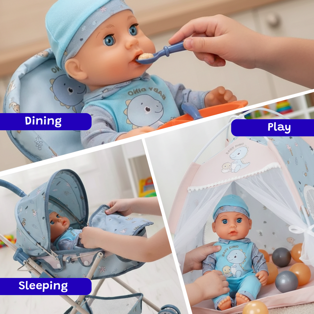 Doll Nursery Playset Blue for kids ages 3–10 – complete doll care set with crib, stroller, high chair, and accessories for realistic nurturing and role-play. Encourages empathy, imagination, and social skills through screen-free play with safe non-toxic materials.