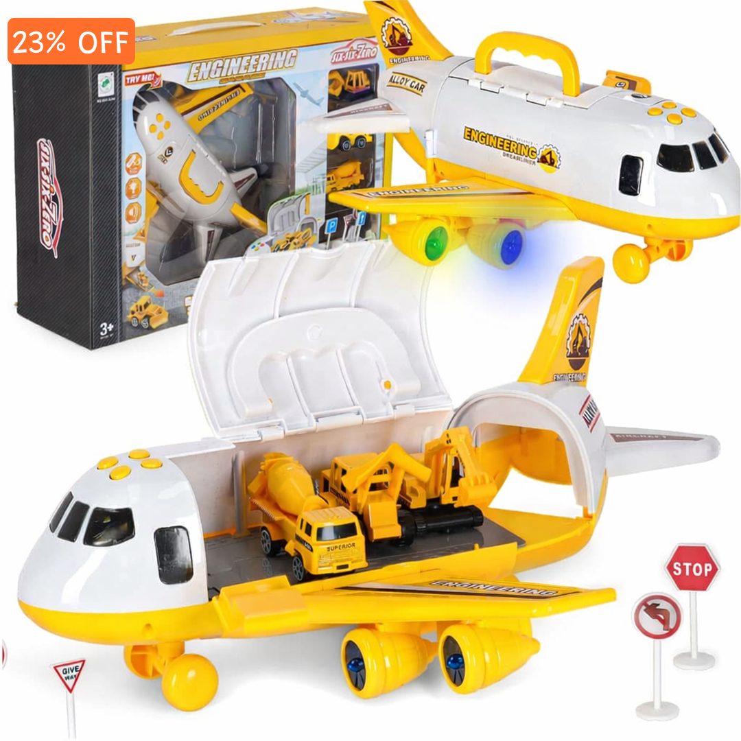 Airplane Playset with 3 Cars for kids ages 3–10 – interactive aviation playset with transport airplane, metal vehicles, road signs, LED lights, and sound effects for immersive role-play. Encourages STEM learning, spatial thinking, creativity, and screen-free independent play with safe non-toxic materials.