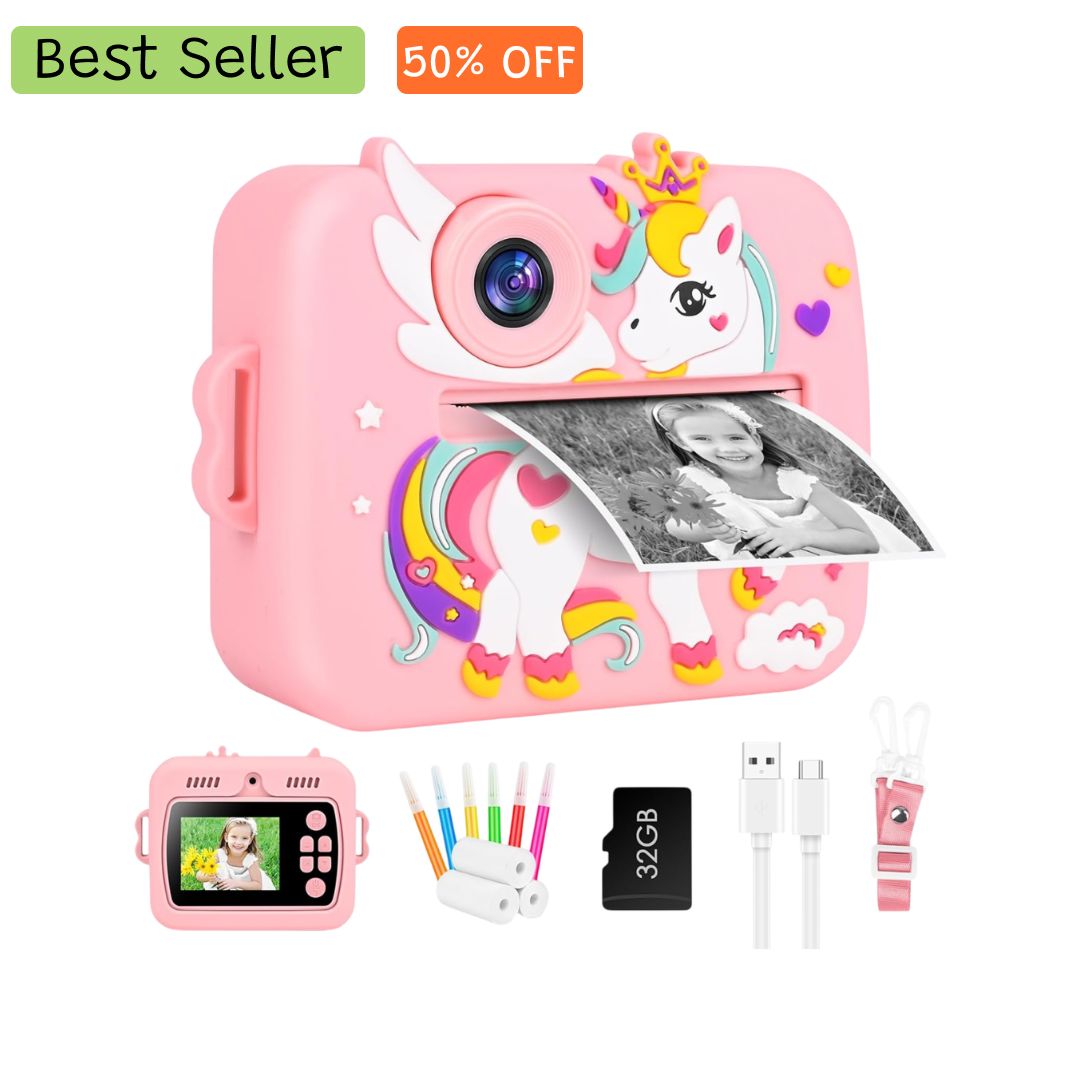Unicorn Instant Print Camera 48MP for kids ages 3–10 – instant print camera with HD photo and video, dual selfie lens, and ink-free black & white printing. Encourages creativity, screen-free play, and fun memory-making with safe non-toxic materials.