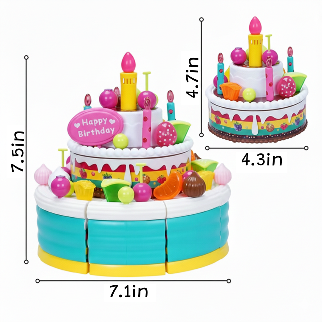 Birthday Cake Toy 2 pcs for kids ages 3–10 – interactive pretend cake set with LED candles, music, and sound effects for fun role-play celebrations. Encourages creativity, social skills, coordination, and screen-free imaginative play with safe non-toxic materials.