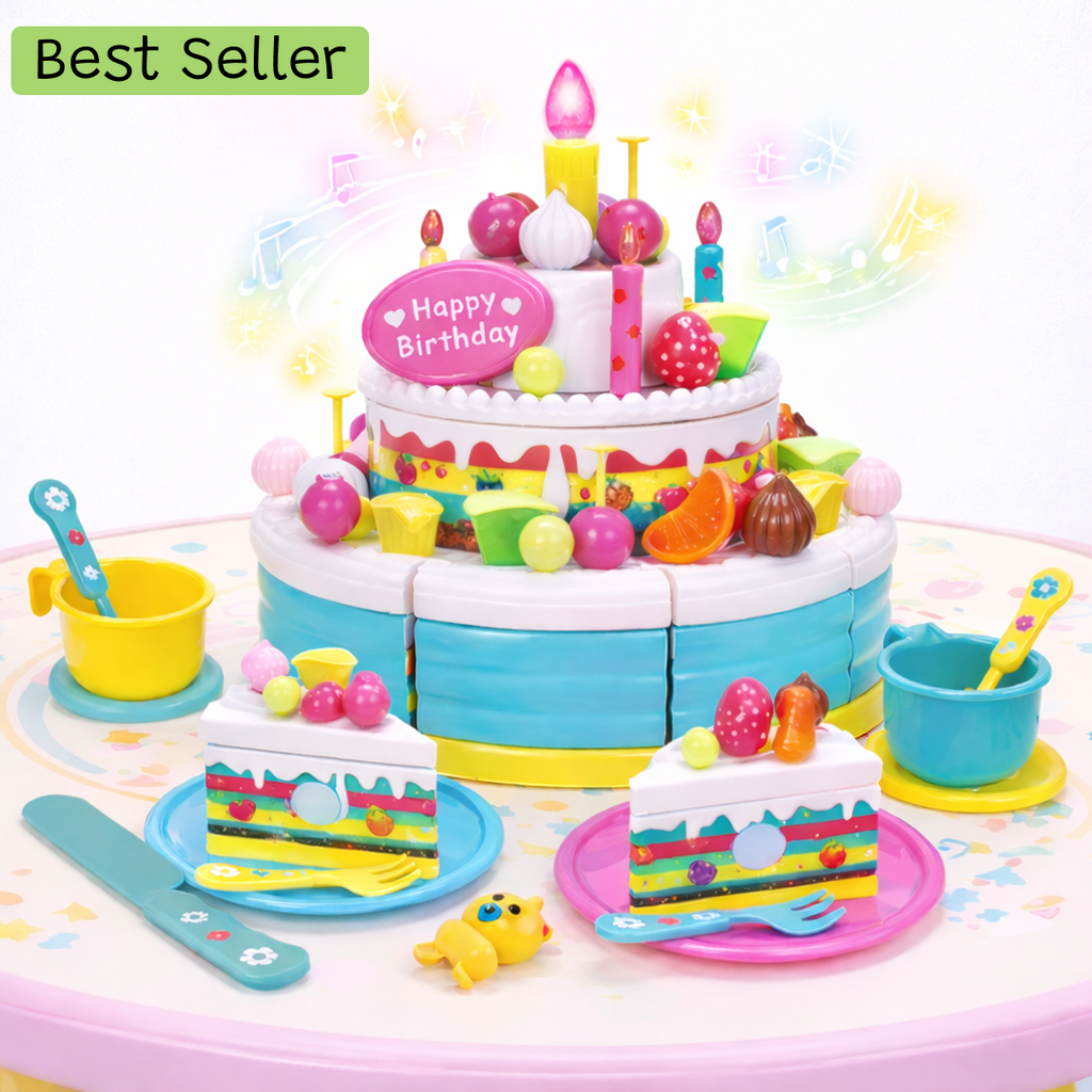 Birthday Cake Toy 2 pcs for kids ages 3–10 – interactive pretend cake set with LED candles, music, and sound effects for fun role-play celebrations. Encourages creativity, social skills, coordination, and screen-free imaginative play with safe non-toxic materials.