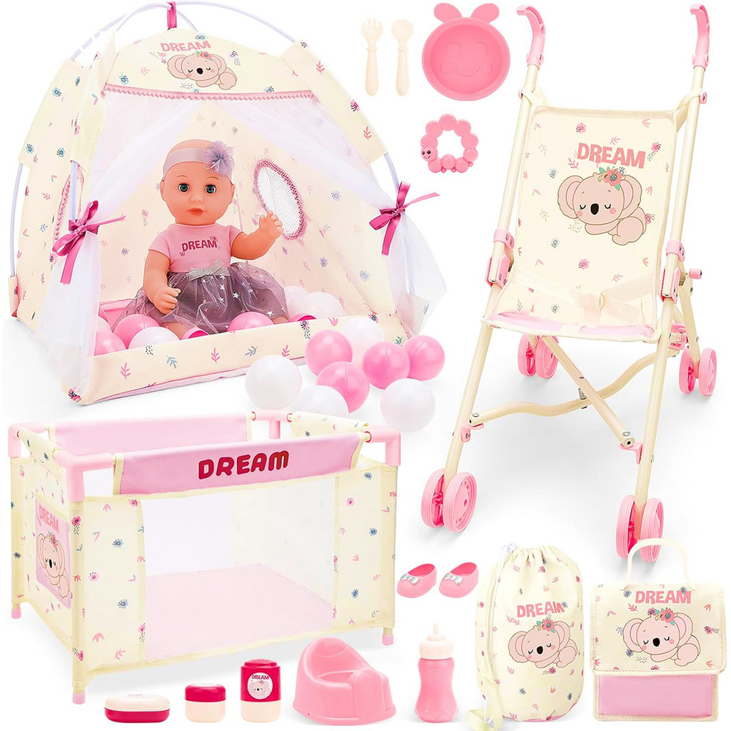 Doll Nursery Playset Pink for kids ages 3–10 – all-in-one doll care set with stroller, crib, high chair, and accessories for realistic nurturing play. Encourages empathy, imagination, and social development through screen-free roleplay with safe non-toxic materials.
