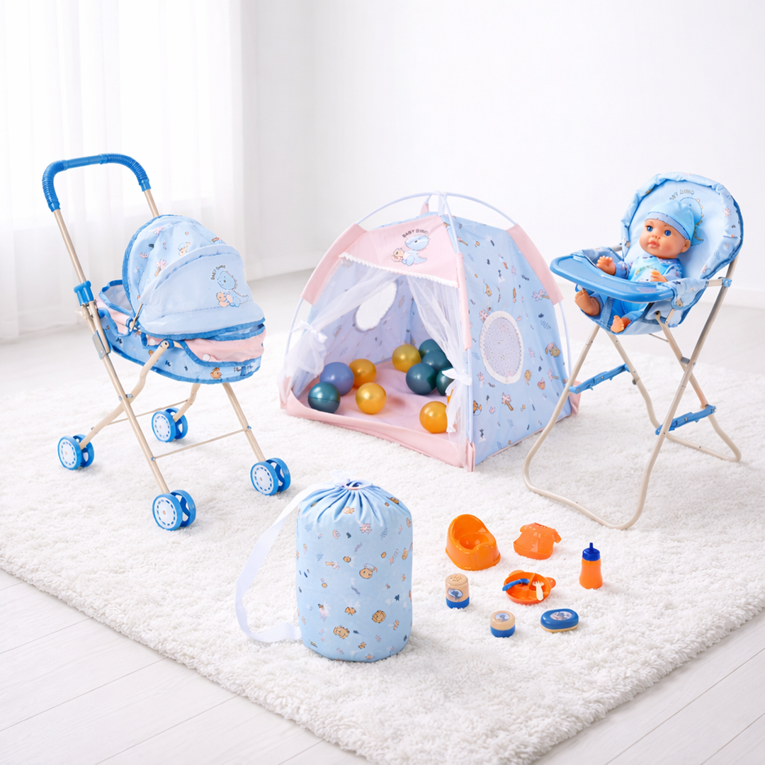 Doll Nursery Playset Blue for kids ages 3–10 – complete doll care set with crib, stroller, high chair, and accessories for realistic nurturing and role-play. Encourages empathy, imagination, and social skills through screen-free play with safe non-toxic materials.