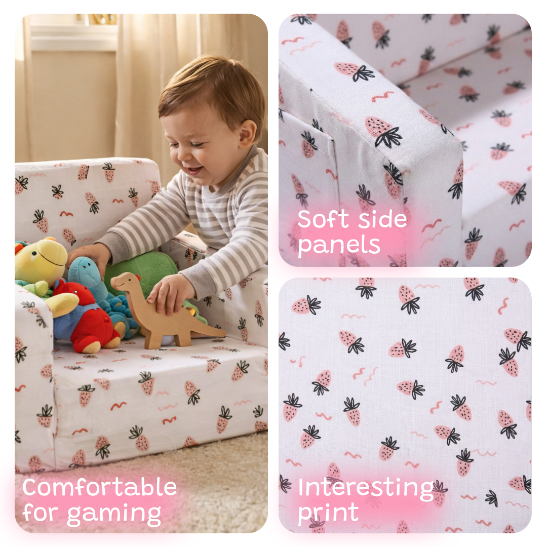 Toddler Chair & Sofa 2-in-1 for kids ages 3–10 – soft convertible armchair that transforms into a cozy bed with a fun strawberry design. Includes storage pocket and washable cover for easy care, encouraging comfort, independence, and screen-free relaxation with safe non-toxic materials.