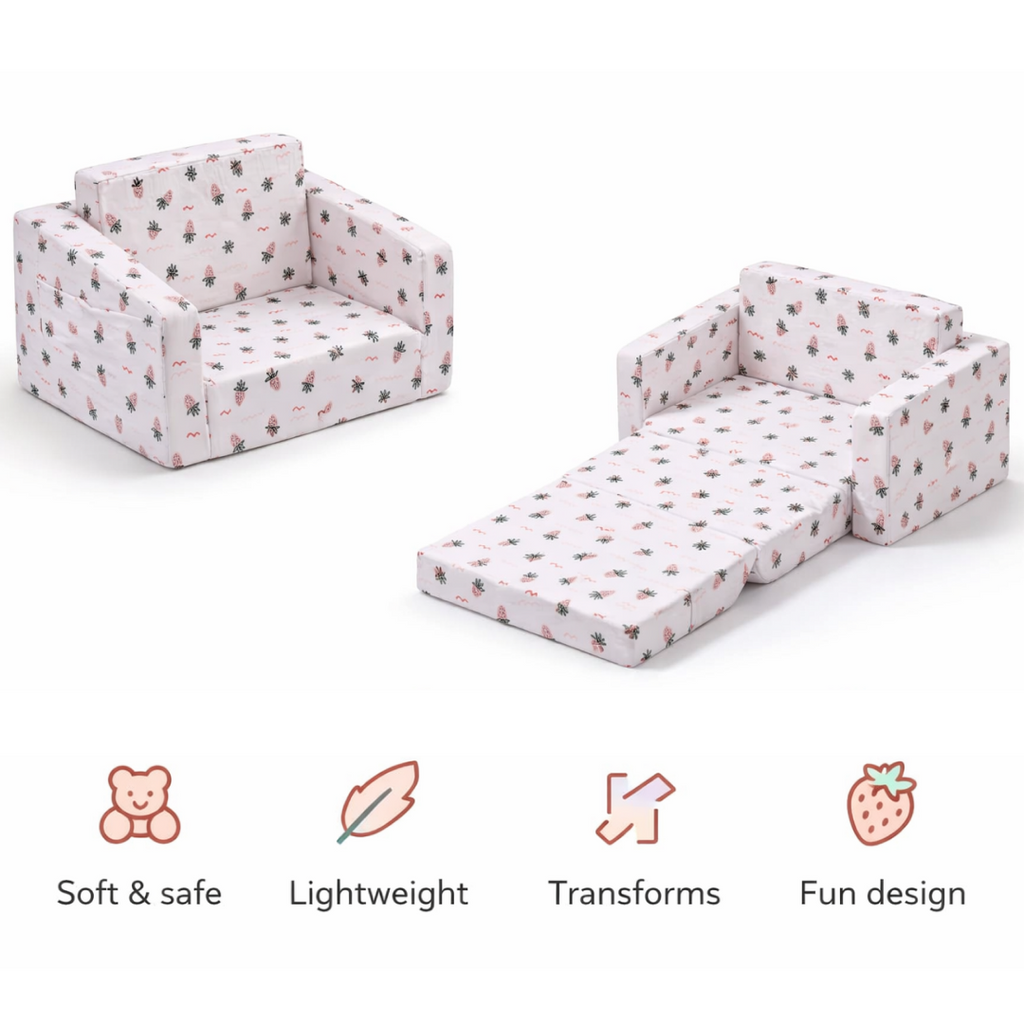 Toddler Chair & Sofa 2-in-1 for kids ages 3–10 – soft convertible armchair that transforms into a cozy bed with a fun strawberry design. Includes storage pocket and washable cover for easy care, encouraging comfort, independence, and screen-free relaxation with safe non-toxic materials.