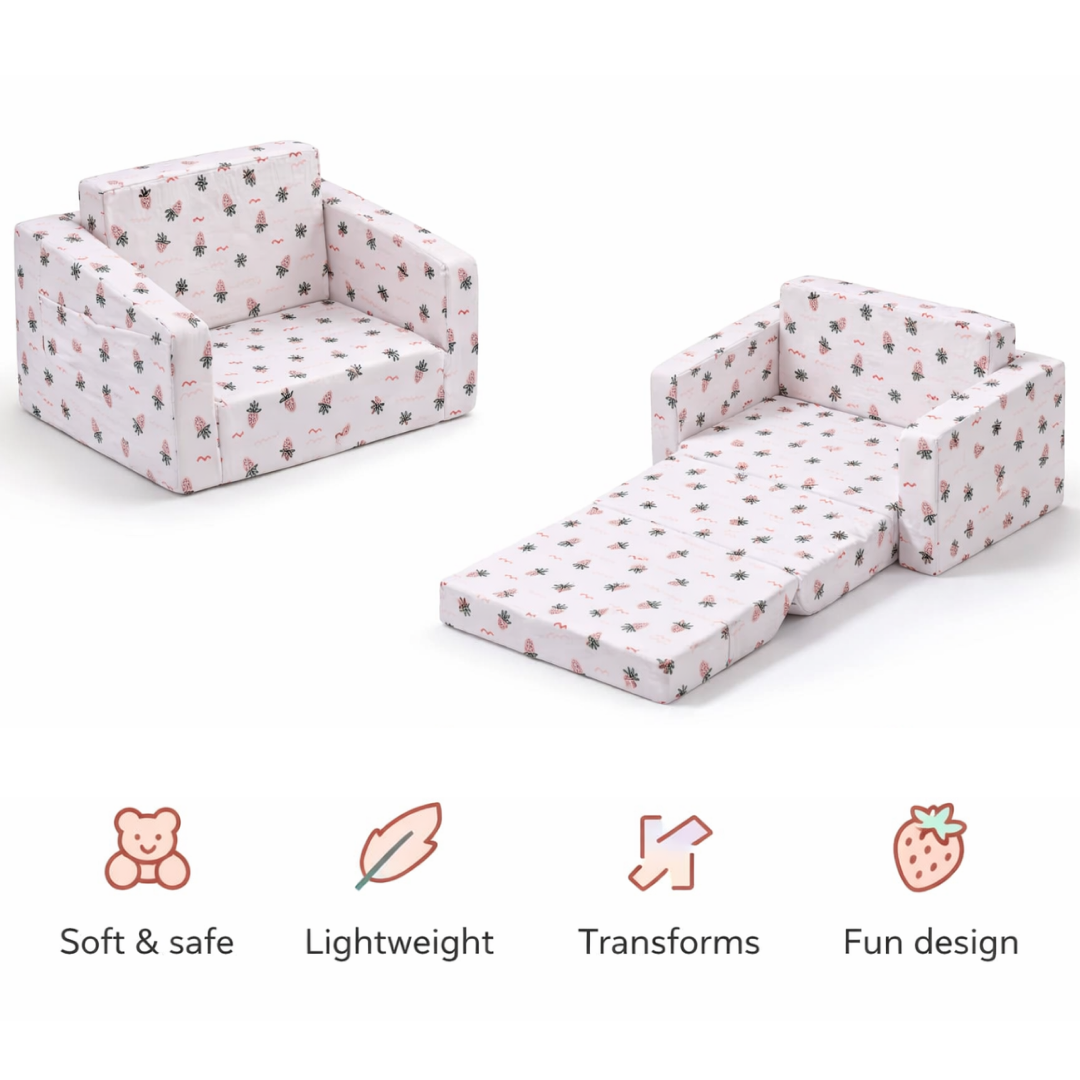 Toddler Chair & Sofa 2-in-1 for kids ages 3–10 – soft convertible armchair that transforms into a cozy bed with a fun strawberry design. Includes storage pocket and washable cover for easy care, encouraging comfort, independence, and screen-free relaxation with safe non-toxic materials.