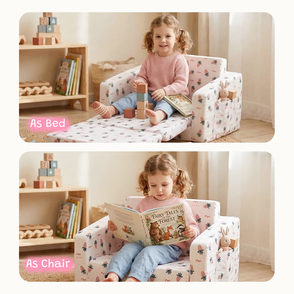 Toddler Chair & Sofa 2-in-1 for kids ages 3–10 – soft convertible armchair that transforms into a cozy bed with a fun strawberry design. Includes storage pocket and washable cover for easy care, encouraging comfort, independence, and screen-free relaxation with safe non-toxic materials.