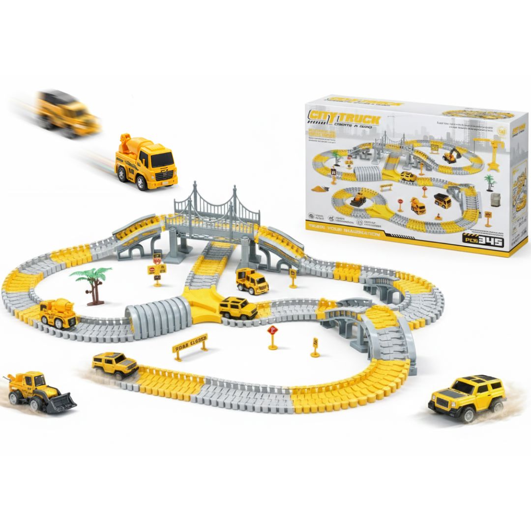 Construction Track Set 345 pcs for kids ages 3–10 – creative construction playset with flexible tracks, crane, and 4 construction vehicles for endless city-building fun. Encourages STEM learning, hand-eye coordination, imagination, and hours of screen-free independent play with safe non-toxic materials.