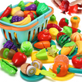 Food Basket Toy 33 pcs for kids ages 3–10 – realistic pretend food set with fruits, vegetables, and slicing accessories for interactive kitchen role-play. Encourages creativity, fine motor skills, coordination, and screen-free imaginative play with safe non-toxic materials.
