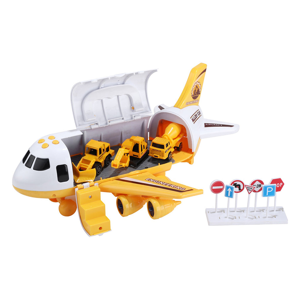 Airplane Playset with 3 Cars for kids ages 3–10 – interactive aviation playset with transport airplane, metal vehicles, road signs, LED lights, and sound effects for immersive role-play. Encourages STEM learning, spatial thinking, creativity, and screen-free independent play with safe non-toxic materials.