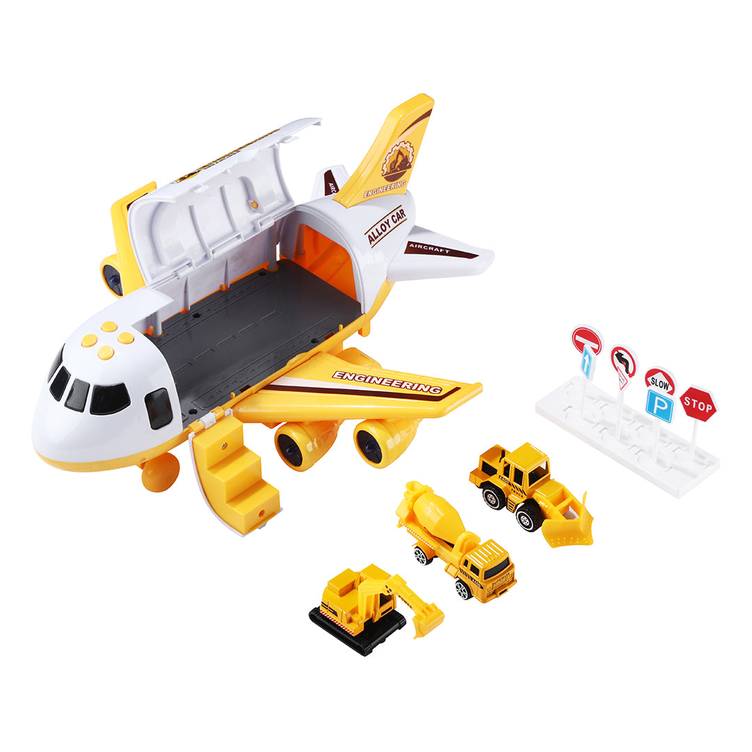 Airplane Playset with 3 Cars for kids ages 3–10 – interactive aviation playset with transport airplane, metal vehicles, road signs, LED lights, and sound effects for immersive role-play. Encourages STEM learning, spatial thinking, creativity, and screen-free independent play with safe non-toxic materials.