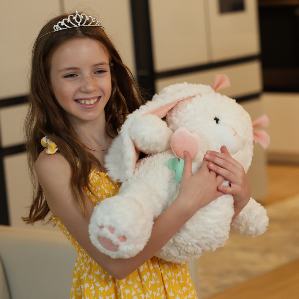 Plush Bunny 14 inch for kids ages 3–10 – ultra-soft stuffed bunny designed for comfort, sleep support, and emotional security at home or on the go. Encourages calmness, relaxation, and a sense of safety with safe non-toxic materials and a timeless nursery design.