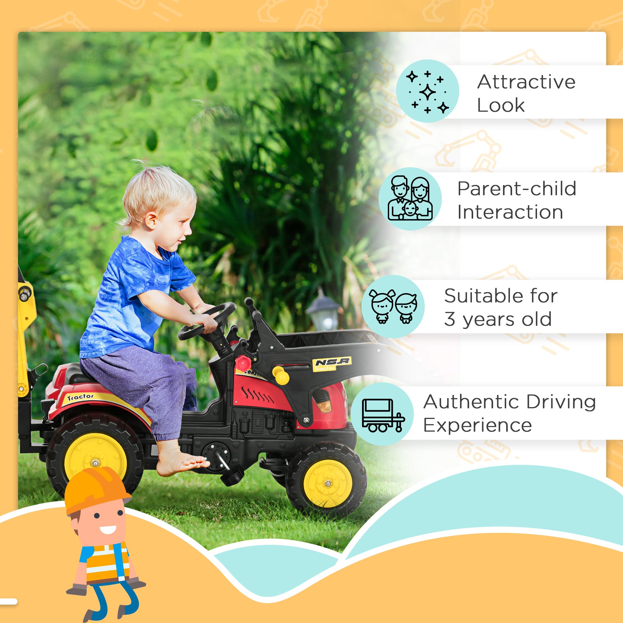 Kids Ride-on Excavator Digger with Trailer