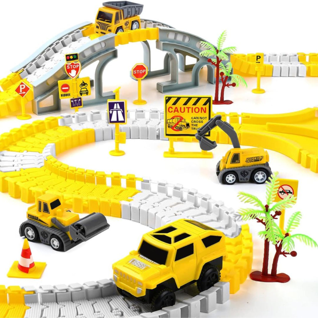 Construction Track Set 345 pcs for kids ages 3–10 – creative construction playset with flexible tracks, crane, and 4 construction vehicles for endless city-building fun. Encourages STEM learning, hand-eye coordination, imagination, and hours of screen-free independent play with safe non-toxic materials.
