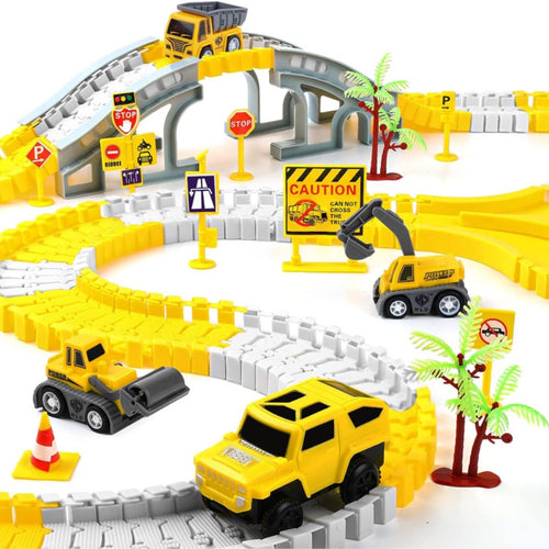 Construction Track Set 345 pcs for kids ages 3–10 – creative construction playset with flexible tracks, crane, and 4 construction vehicles for endless city-building fun. Encourages STEM learning, hand-eye coordination, imagination, and hours of screen-free independent play with safe non-toxic materials.